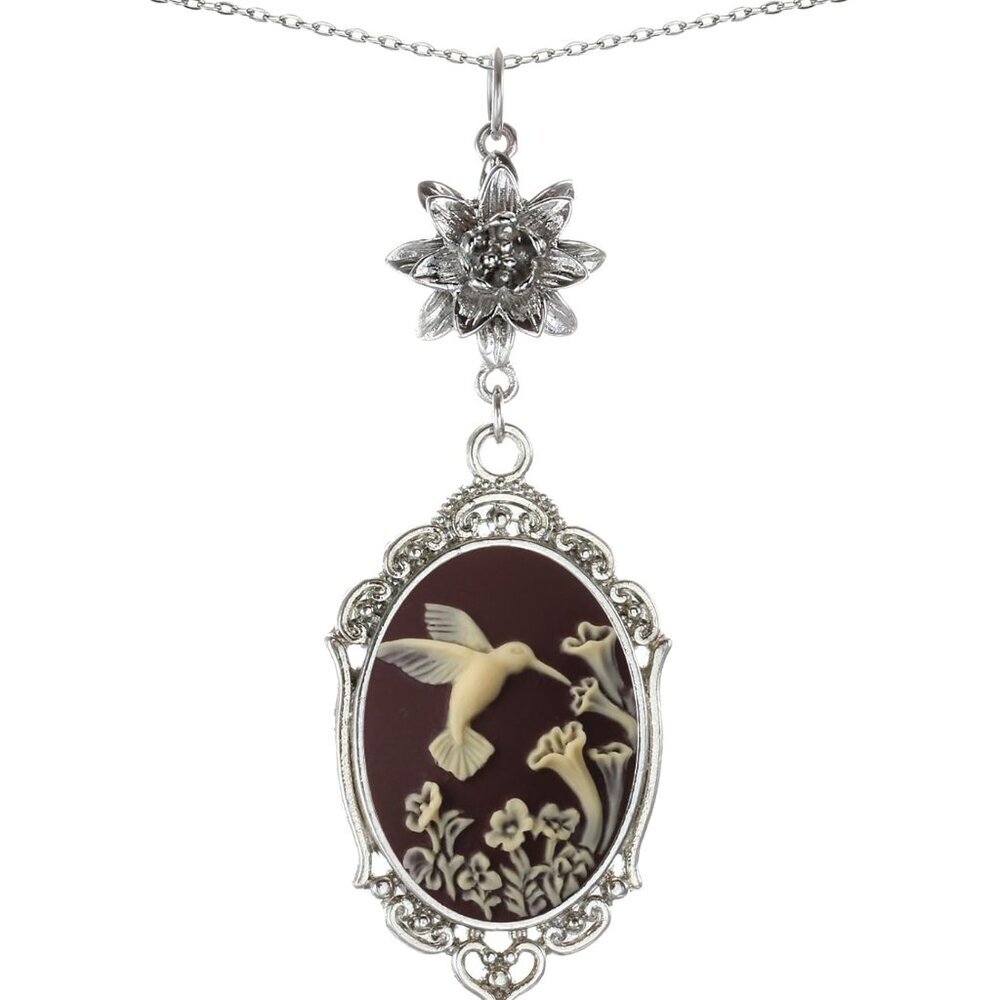Lotus Charm Necklace Antique Decor Cameo Pendant 2 Chains Velvet Pouch for Gift